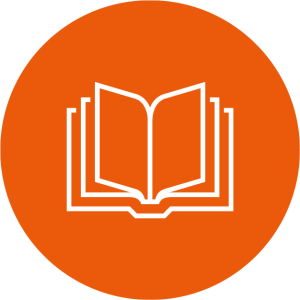 Orange circular logo with white outline book